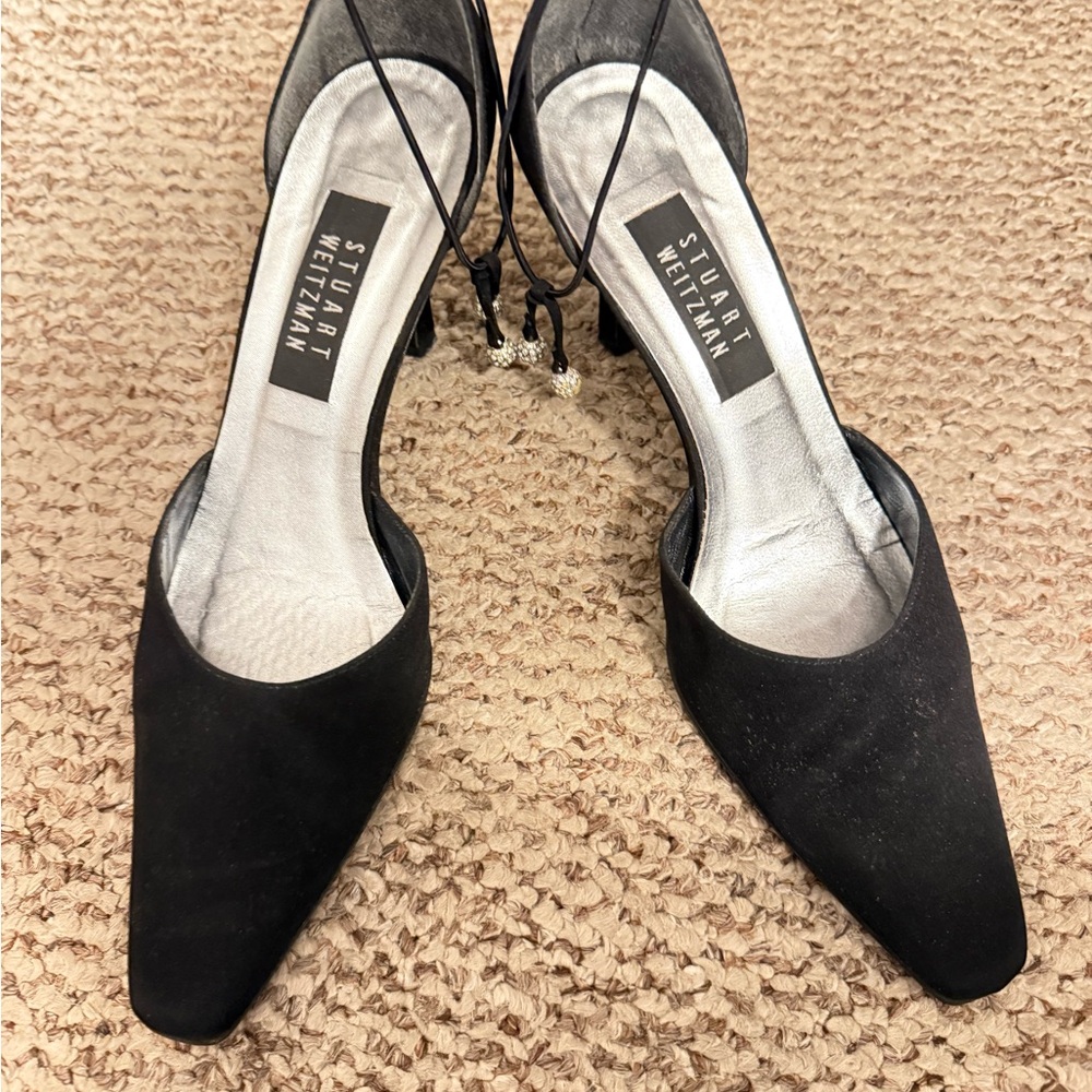 Stuart Weitzman Black Pointed Toe Slingback Heels with Ankle Tie